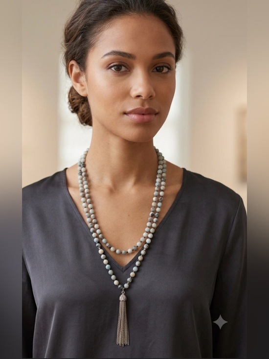 BOHO CHIC Jewelry - Layered Beaded Tassel Necklace in Sage and Gray Agate and Crystal beads